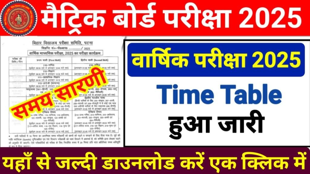 Bihar Board Matric Final Exam Time Table 2025